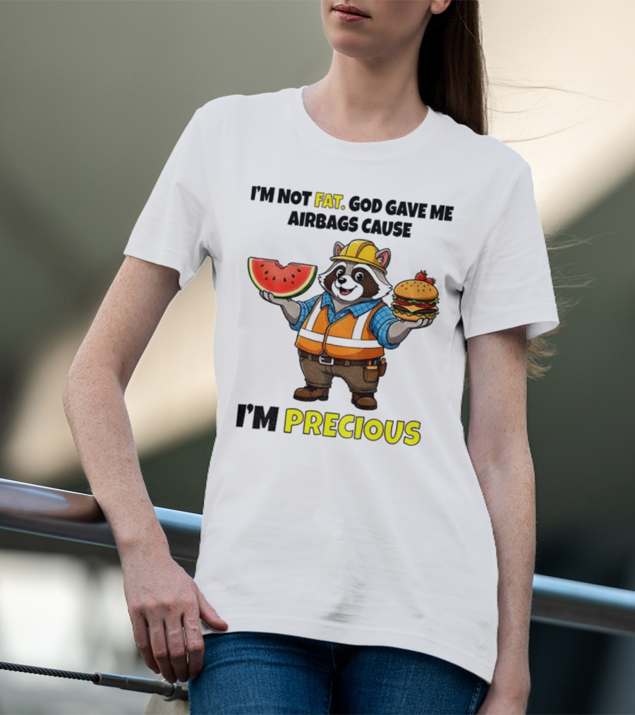 Raccoon In Safety Gear Holding Watermelon And Burger I'm Not Fat Precious T-Shirt