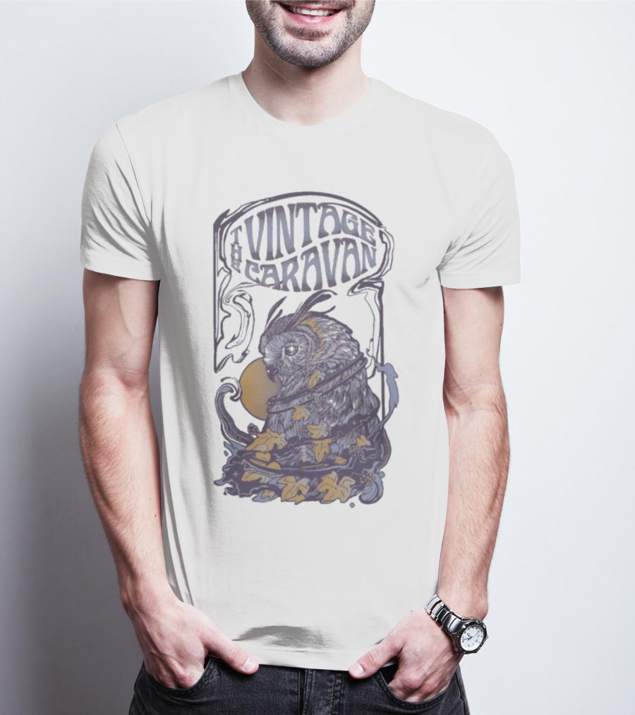 The Vintage Caravan Psychedelic Owl Art Nouveau Style T-Shirt