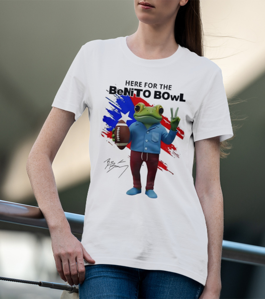 Bad Bunny Here For The Benito Bowl Super Bowl Frogs Puerto Rico Flag Football Peace Sign Signature T-Shirt