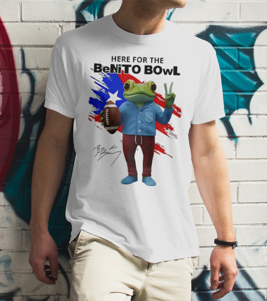 Bad Bunny Here For The Benito Bowl Super Bowl Frogs Puerto Rico Flag Football Peace Sign Signature T-Shirt