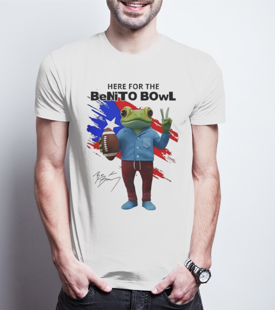 Bad Bunny Here For The Benito Bowl Super Bowl Frogs Puerto Rico Flag Football Peace Sign Signature T-Shirt