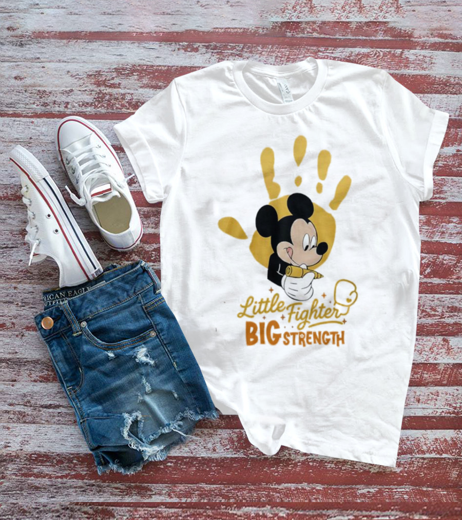 Mickey Mouse Little Fighter Big Strength Cancer Awareness Handprint T-Shirt