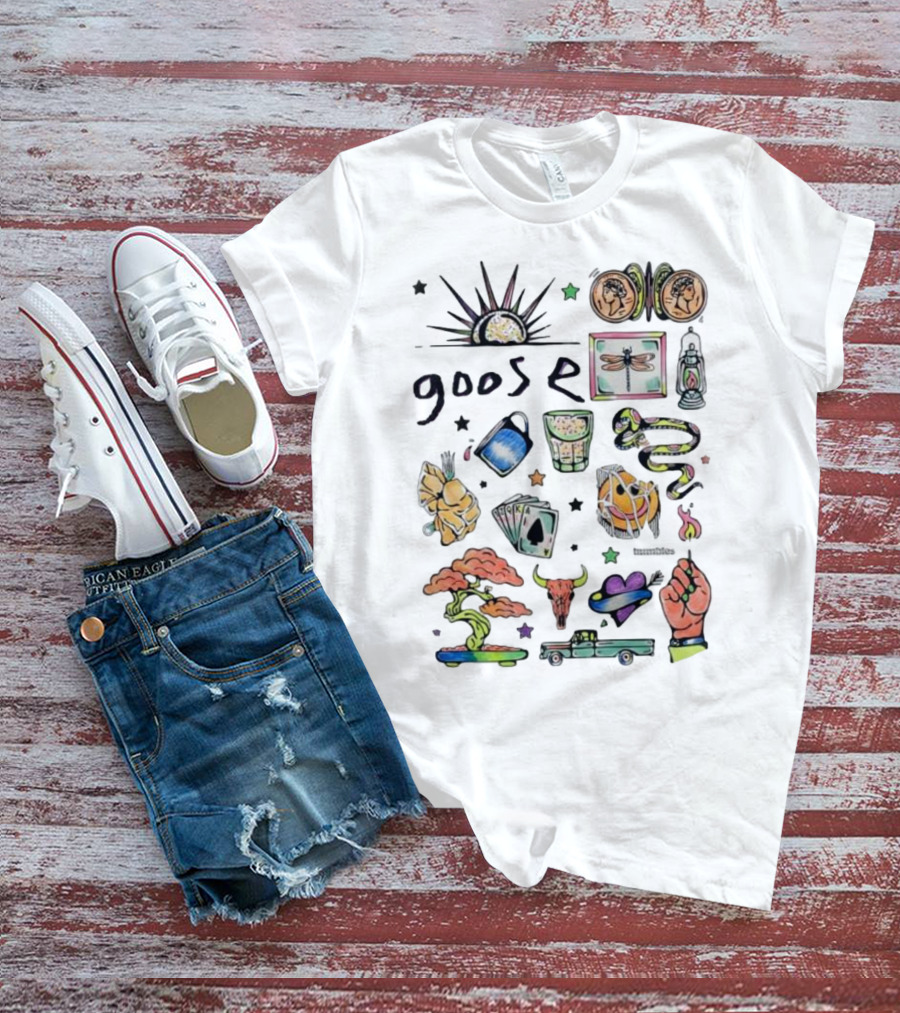 Goose Psychedelic Sunrise And Nature Symbols With Playing Cards Art T-Shirt