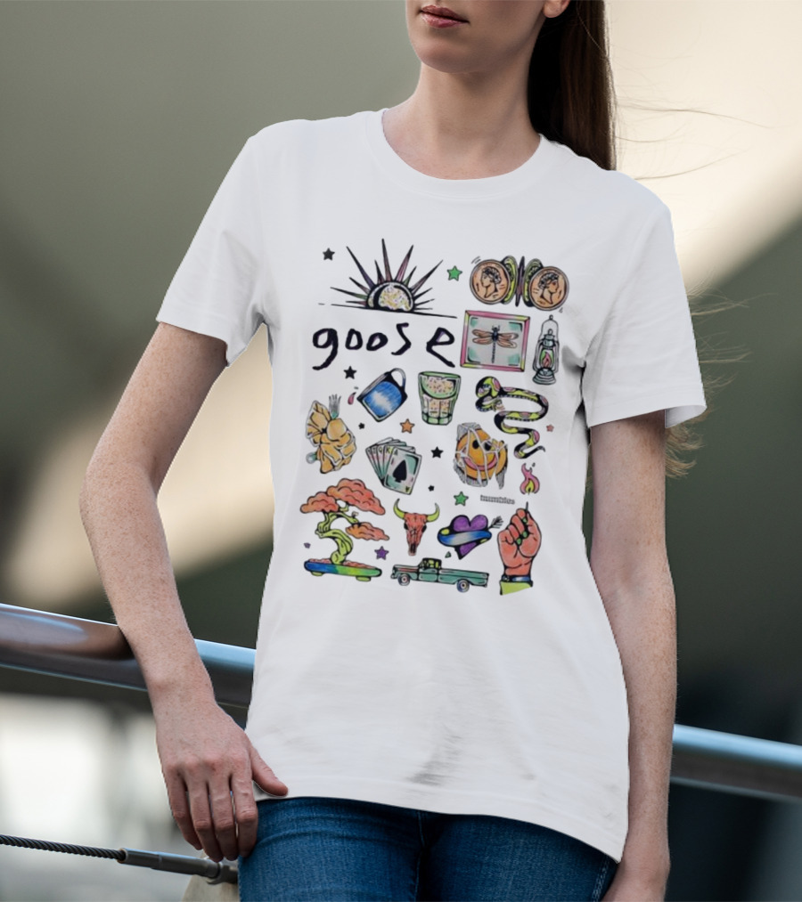Goose Psychedelic Sunrise And Nature Symbols With Playing Cards Art T-Shirt