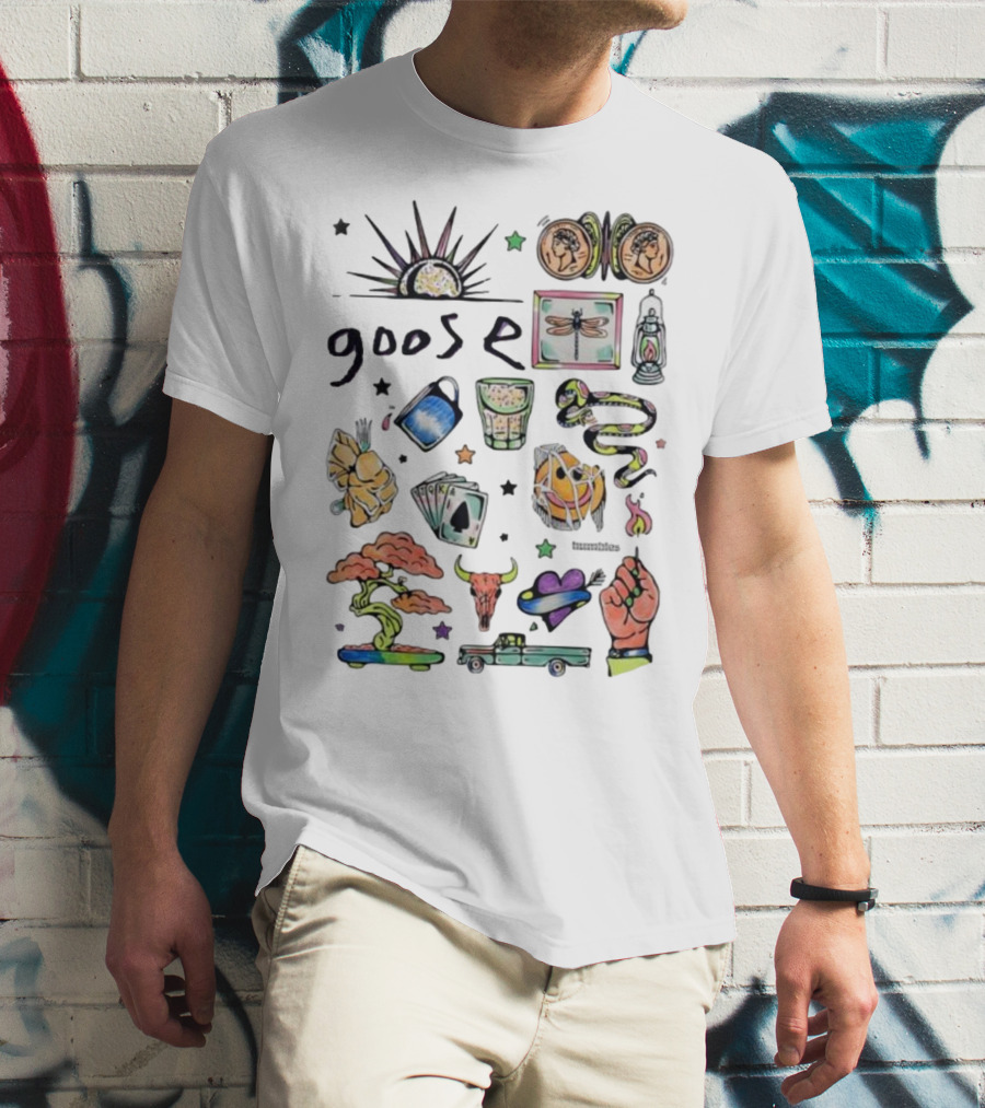 Goose Psychedelic Sunrise And Nature Symbols With Playing Cards Art T-Shirt