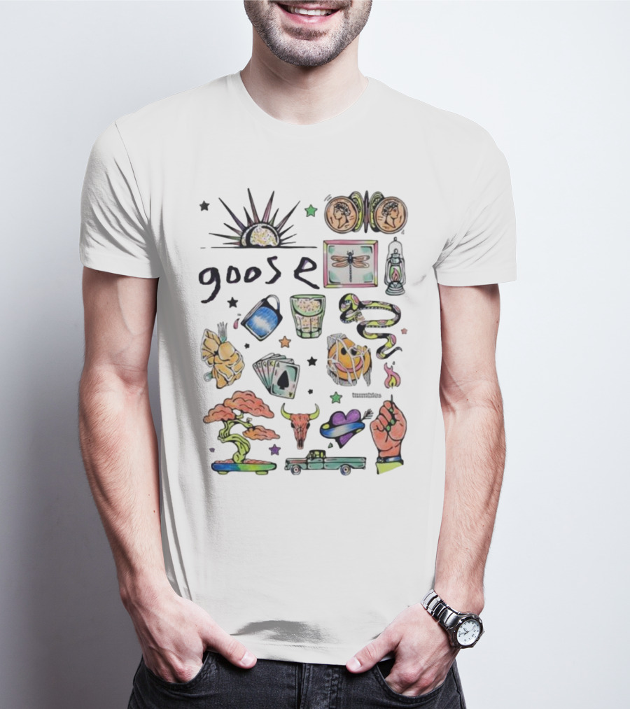 Goose Psychedelic Sunrise And Nature Symbols With Playing Cards Art T-Shirt