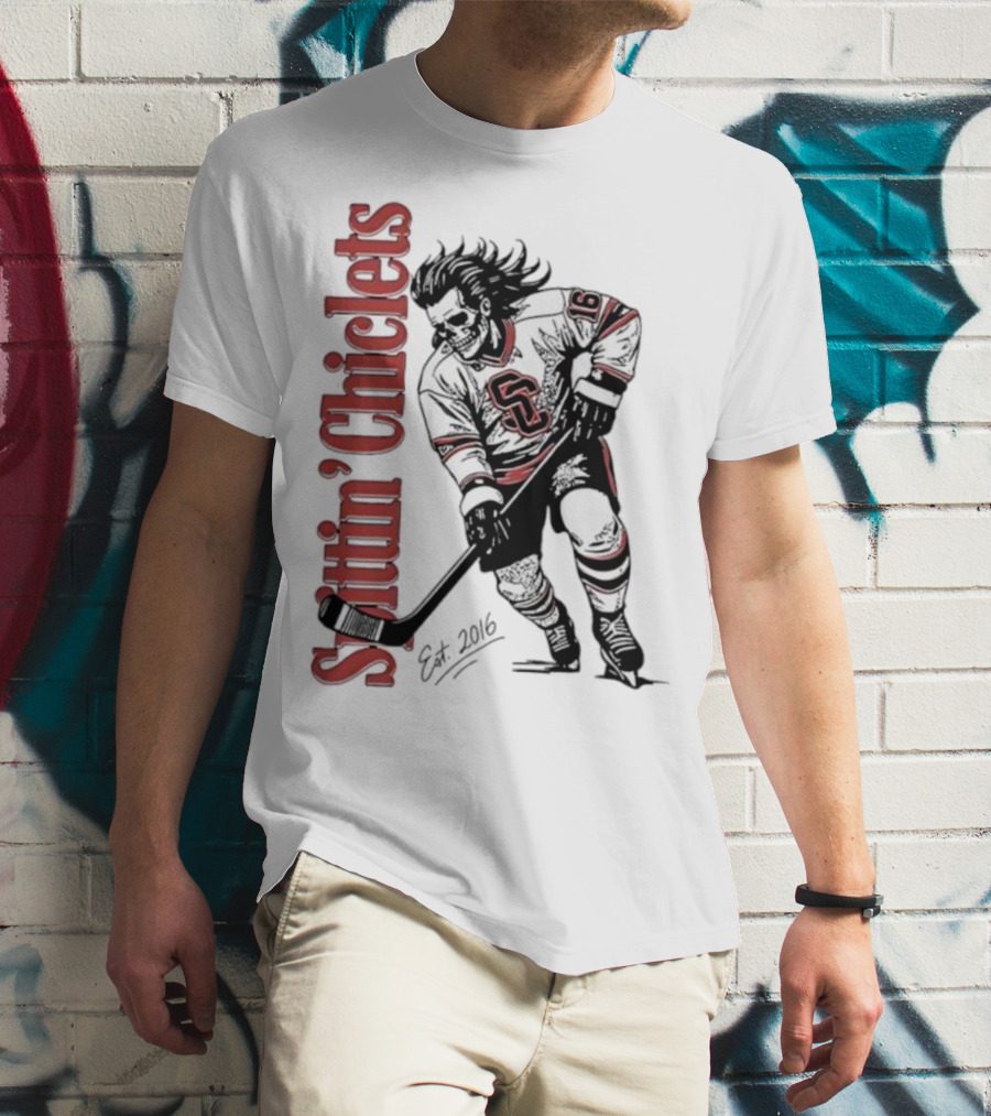 Spittin Chiclets Skullet Skeleton Player Hockey Est 2016 T-Shirt