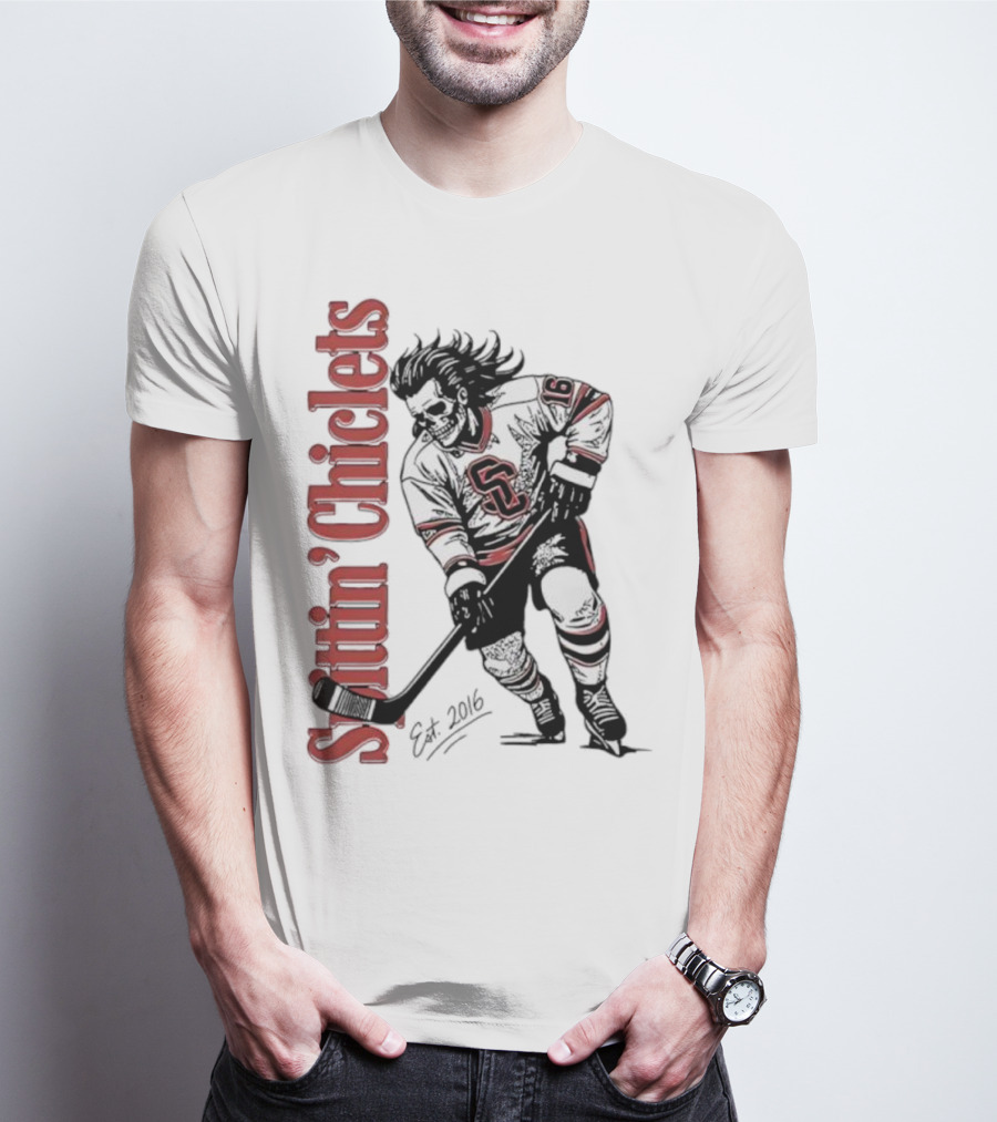 Spittin Chiclets Skullet Skeleton Player Hockey Est 2016 T-Shirt