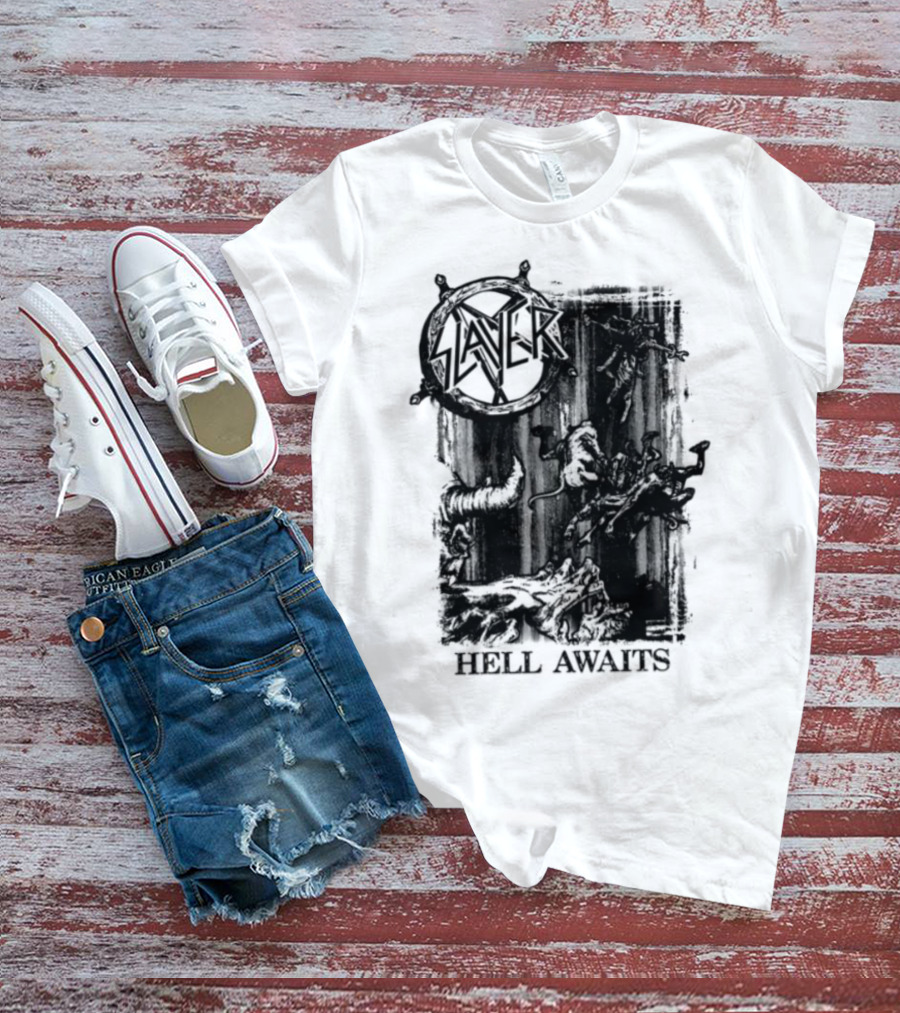 Monochrome Slayer Hell Awaits Acid Iconic Band Art T-Shirt