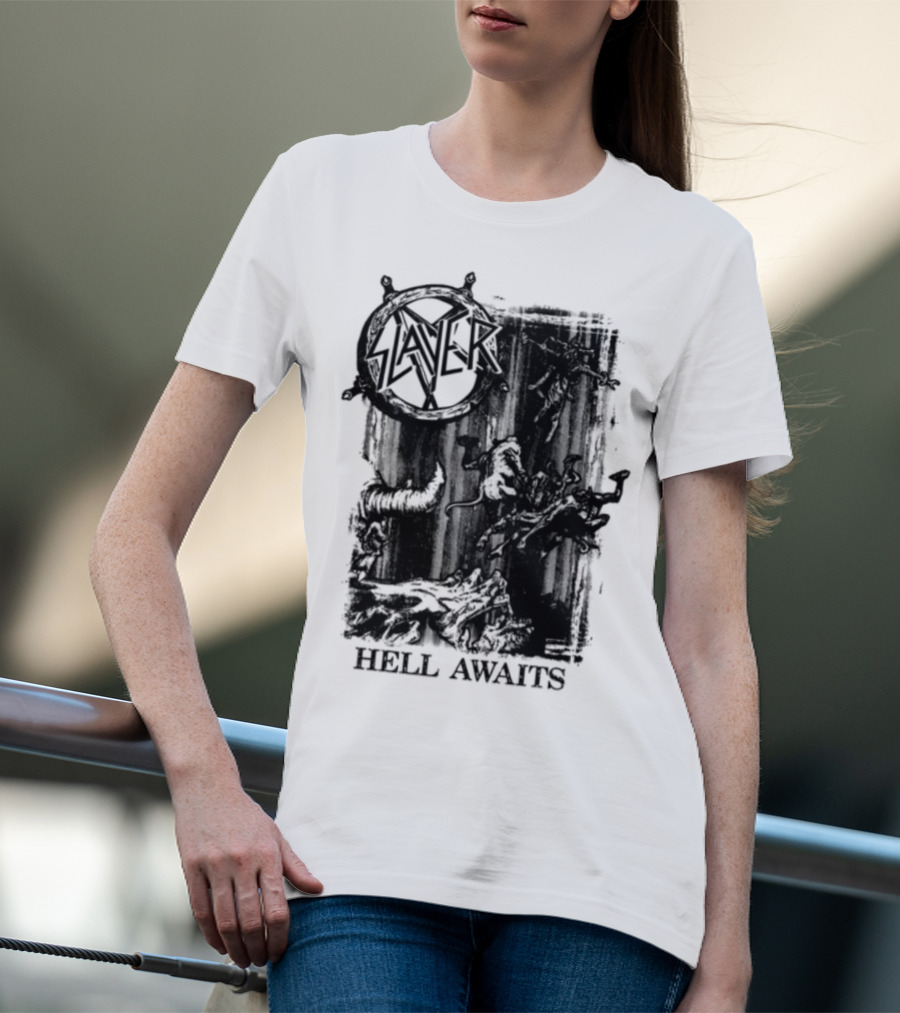 Monochrome Slayer Hell Awaits Acid Iconic Band Art T-Shirt