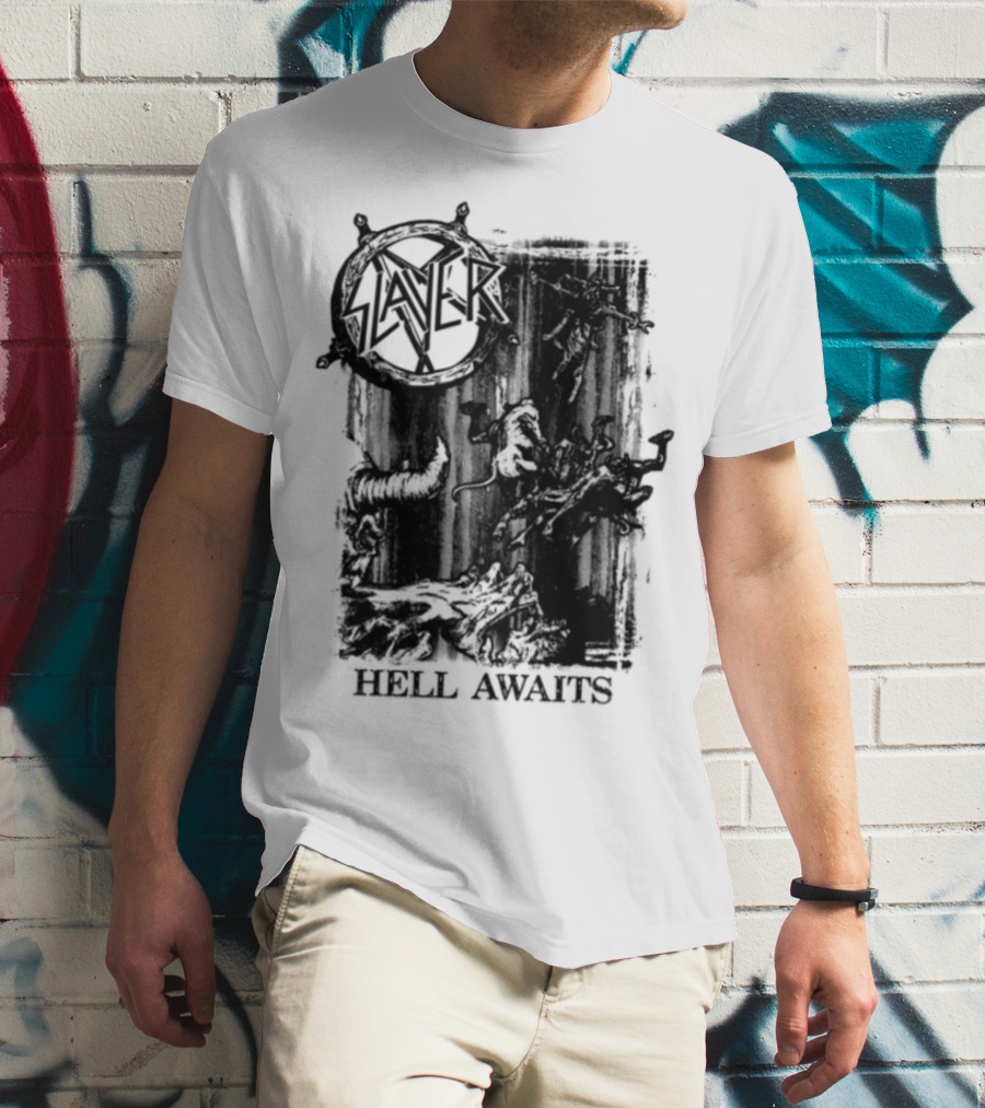 Monochrome Slayer Hell Awaits Acid Iconic Band Art T-Shirt