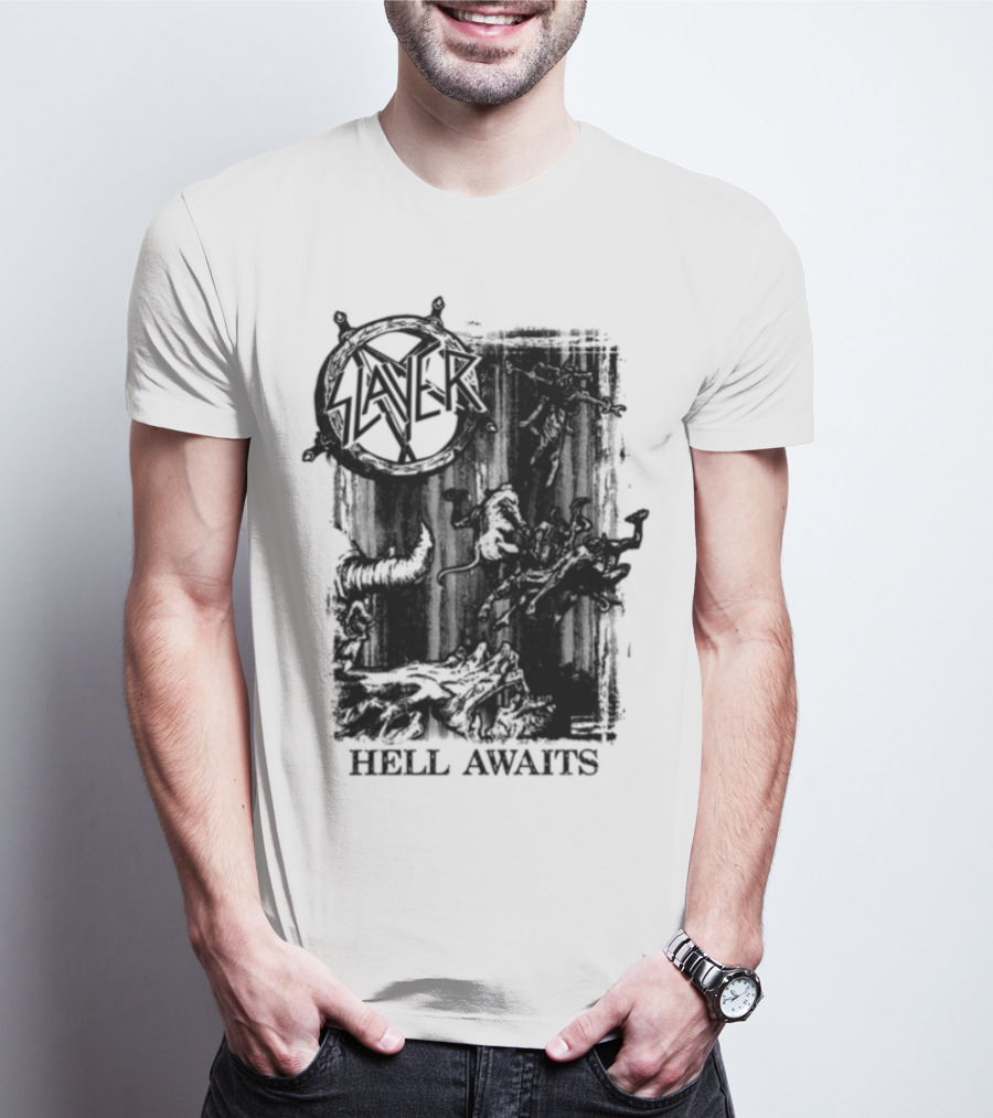 Monochrome Slayer Hell Awaits Acid Iconic Band Art T-Shirt