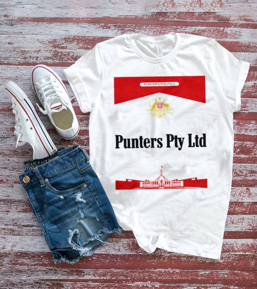 Punter's Lobbyist Uniform Australia's Parliament House Silhouette Red And Gold Emblem T-Shirt