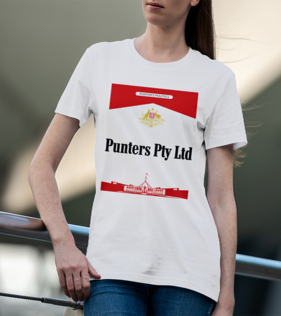 Punter's Lobbyist Uniform Australia's Parliament House Silhouette Red And Gold Emblem T-Shirt