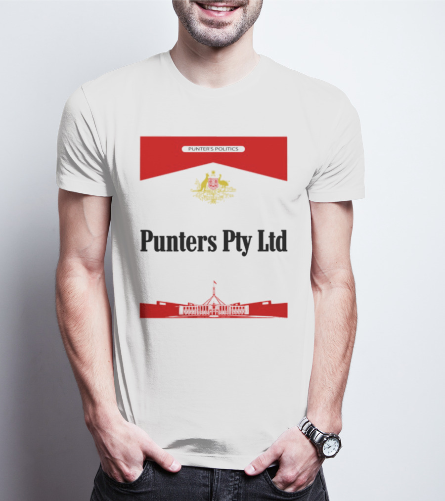 Punter's Lobbyist Uniform Australia's Parliament House Silhouette Red And Gold Emblem T-Shirt