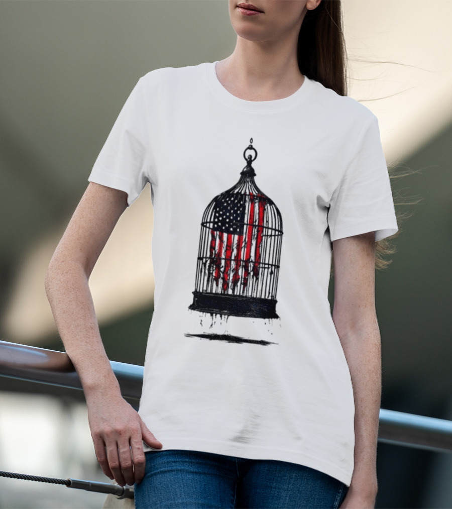 Caged Liberty American Flag Birdcage Government Shutdown T-Shirt