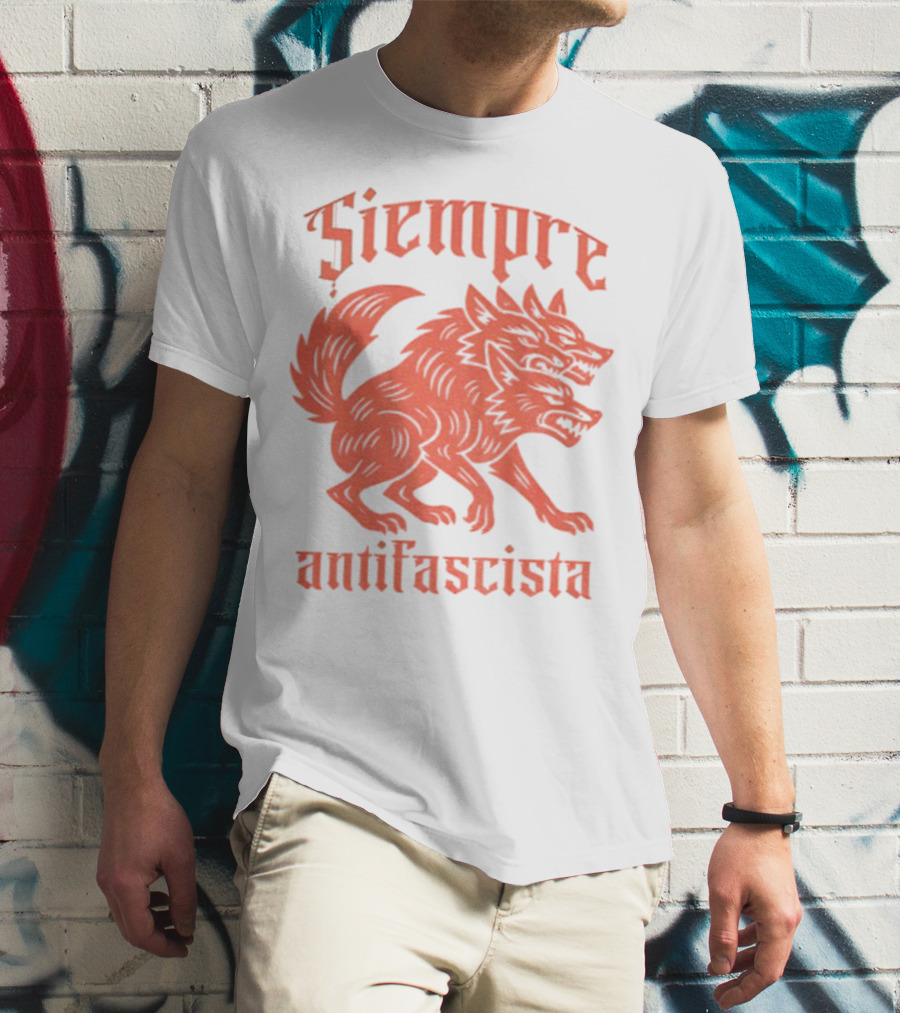 Siempre Antifascista Linocut Three-Headed Dog T-Shirt