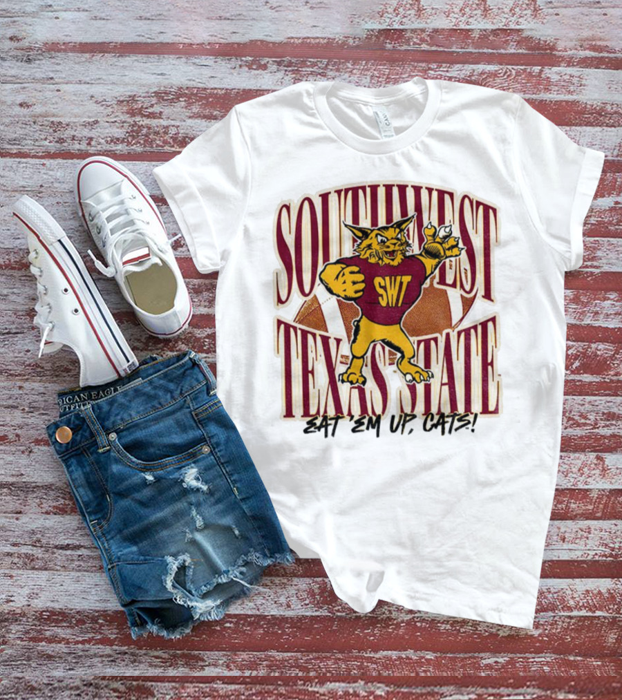 Southwest Texas State SWT 1990s Eat Em Up Cats Mascot Football T-Shirt