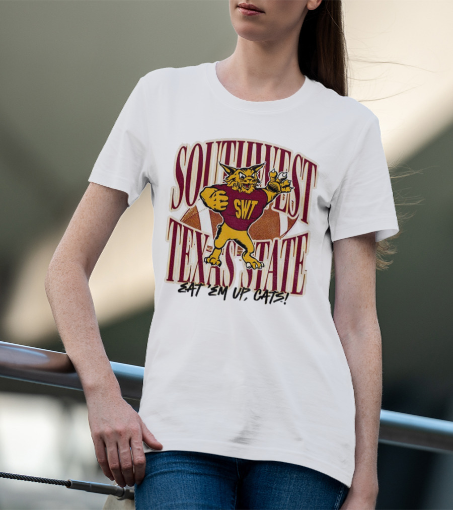 Southwest Texas State SWT 1990s Eat Em Up Cats Mascot Football T-Shirt