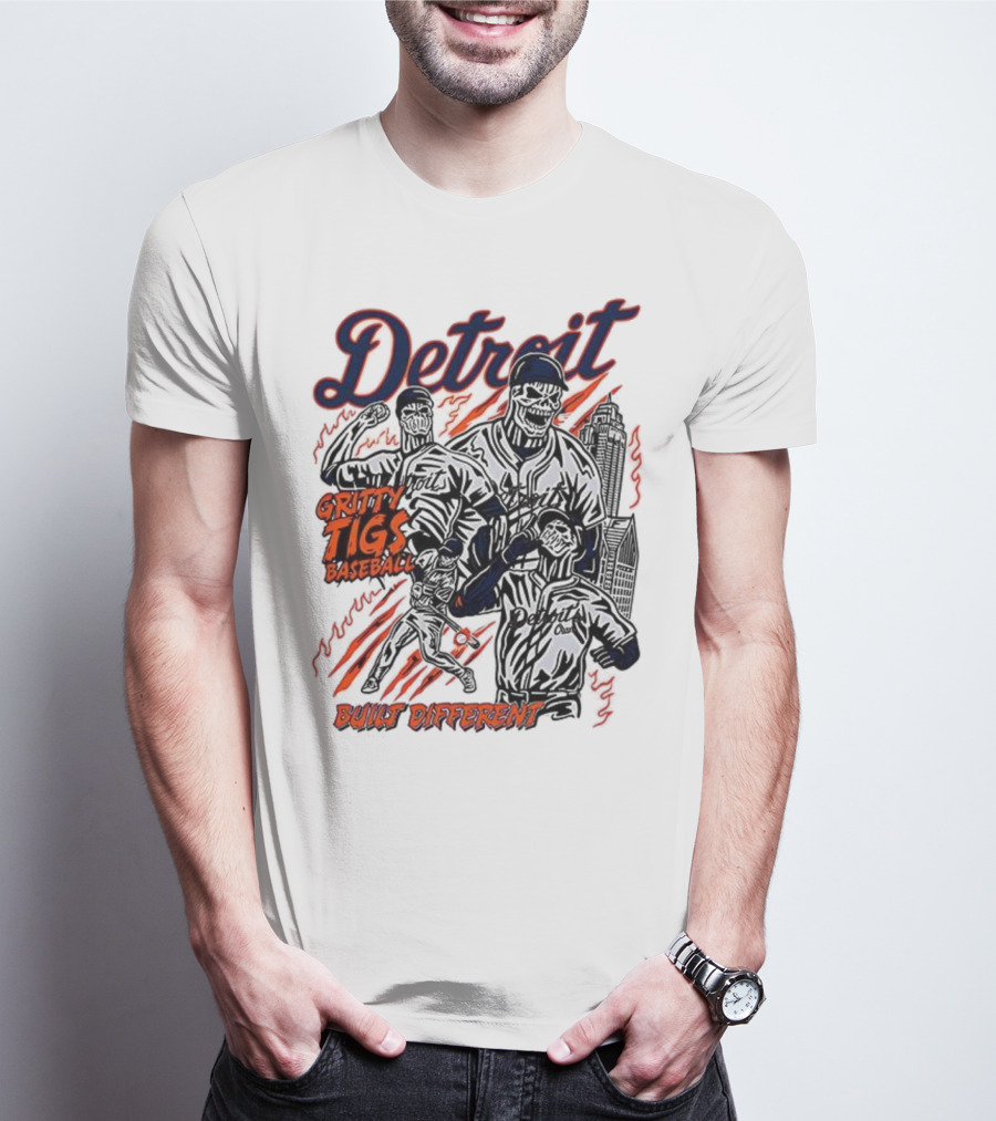 Detroit Gritty Tigs Baseball Built Different Skeleton T-Shirt