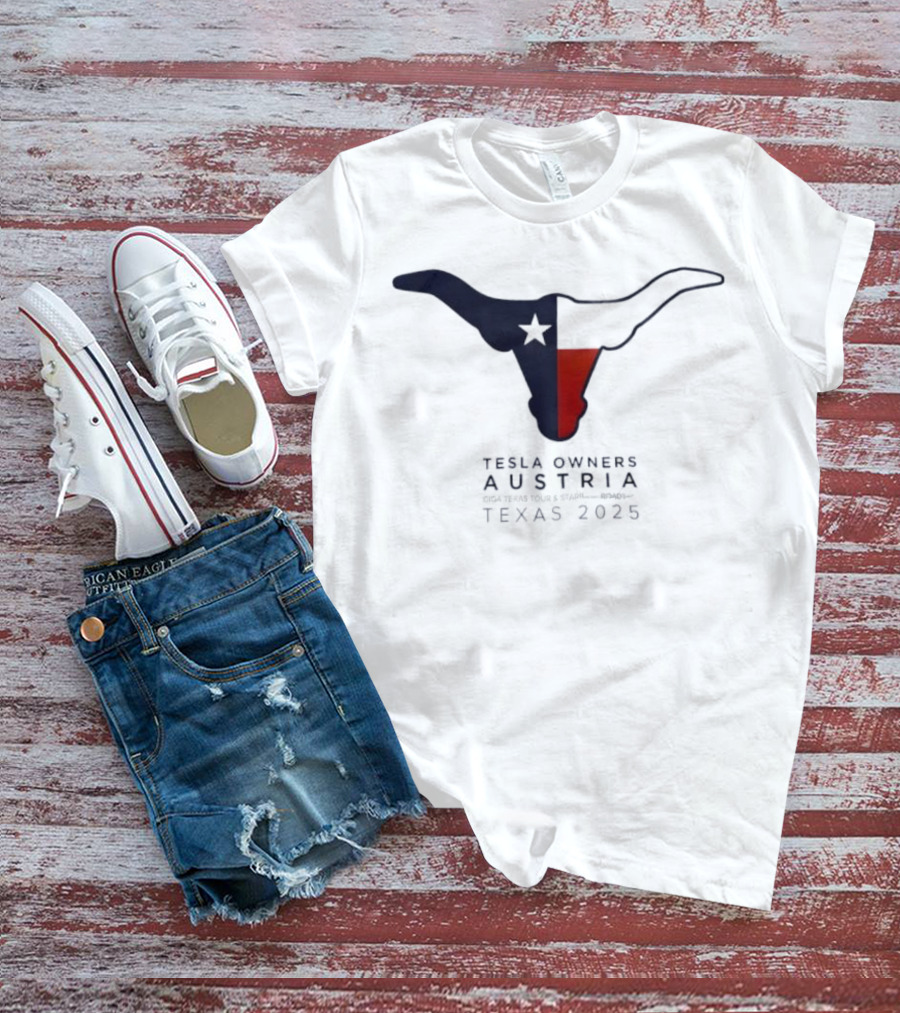 Tesla Owners Austria Texas 2025 Tour Longhorn Star Outline Logo T-Shirt