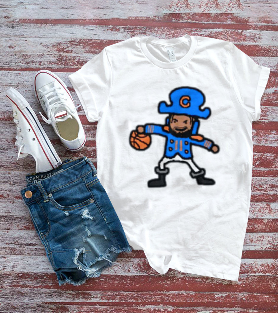 Captain Clutch Basketball Cartoon Character Blue Hat And Jacket T-Shirt