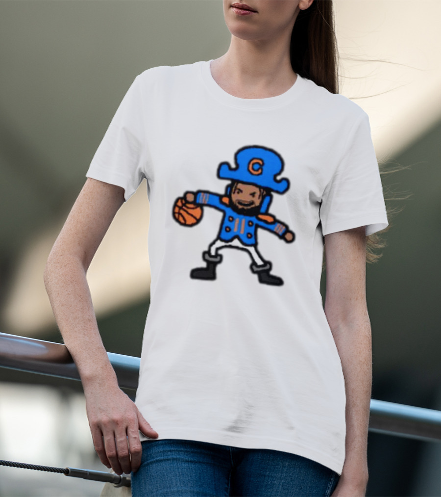 Captain Clutch Basketball Cartoon Character Blue Hat And Jacket T-Shirt
