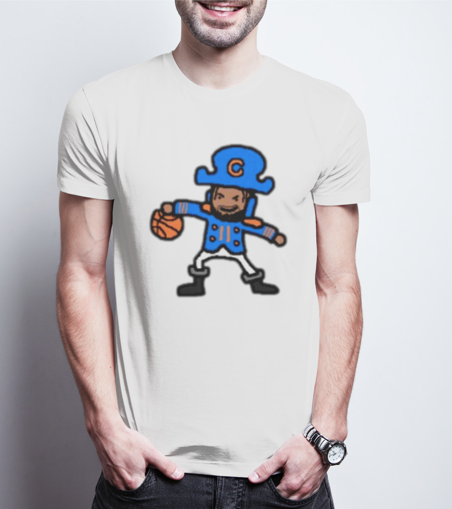 Captain Clutch Basketball Cartoon Character Blue Hat And Jacket T-Shirt