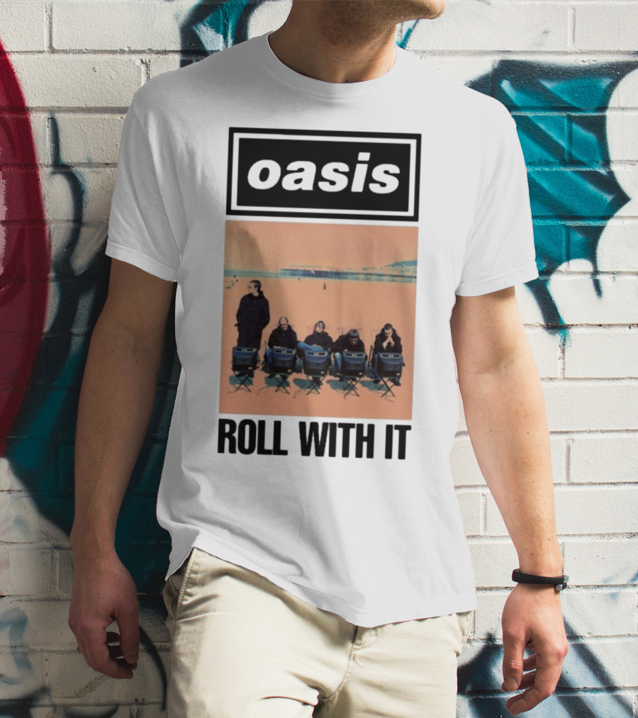 Oasis Roll With It Single Beach Scene Retro Style T-Shirt