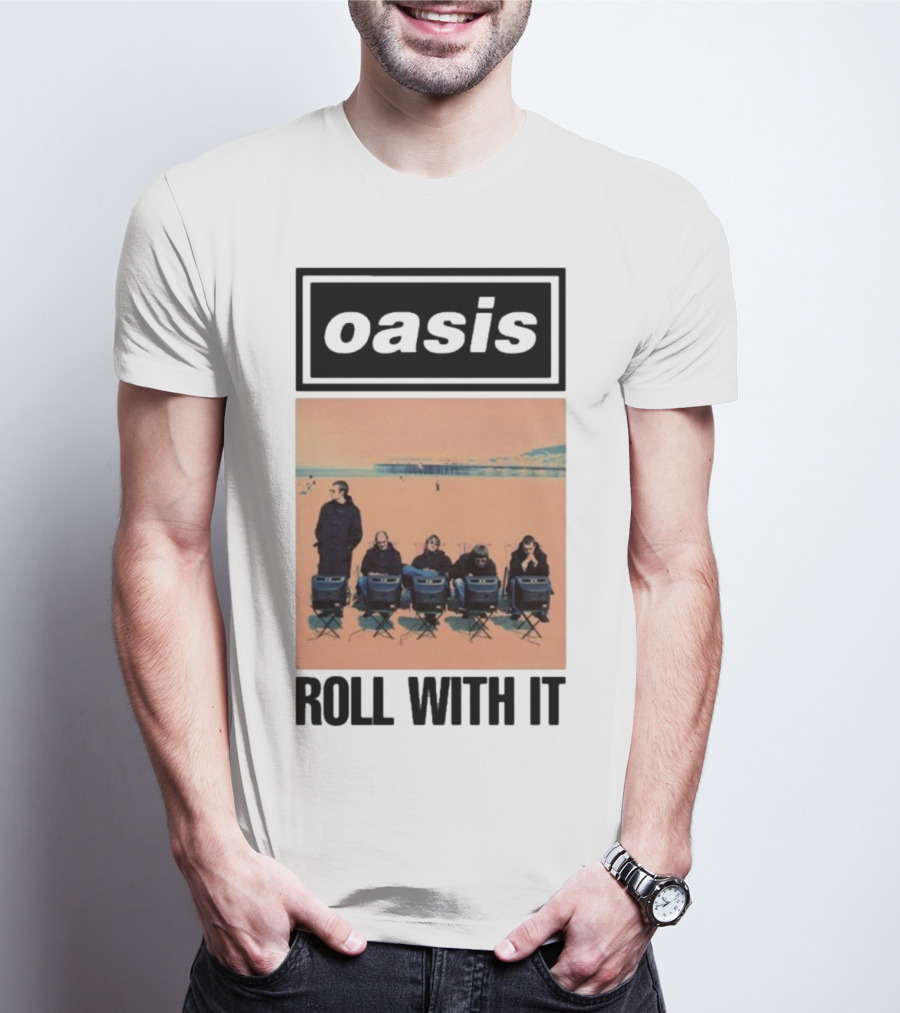 Oasis Roll With It Single Beach Scene Retro Style T-Shirt
