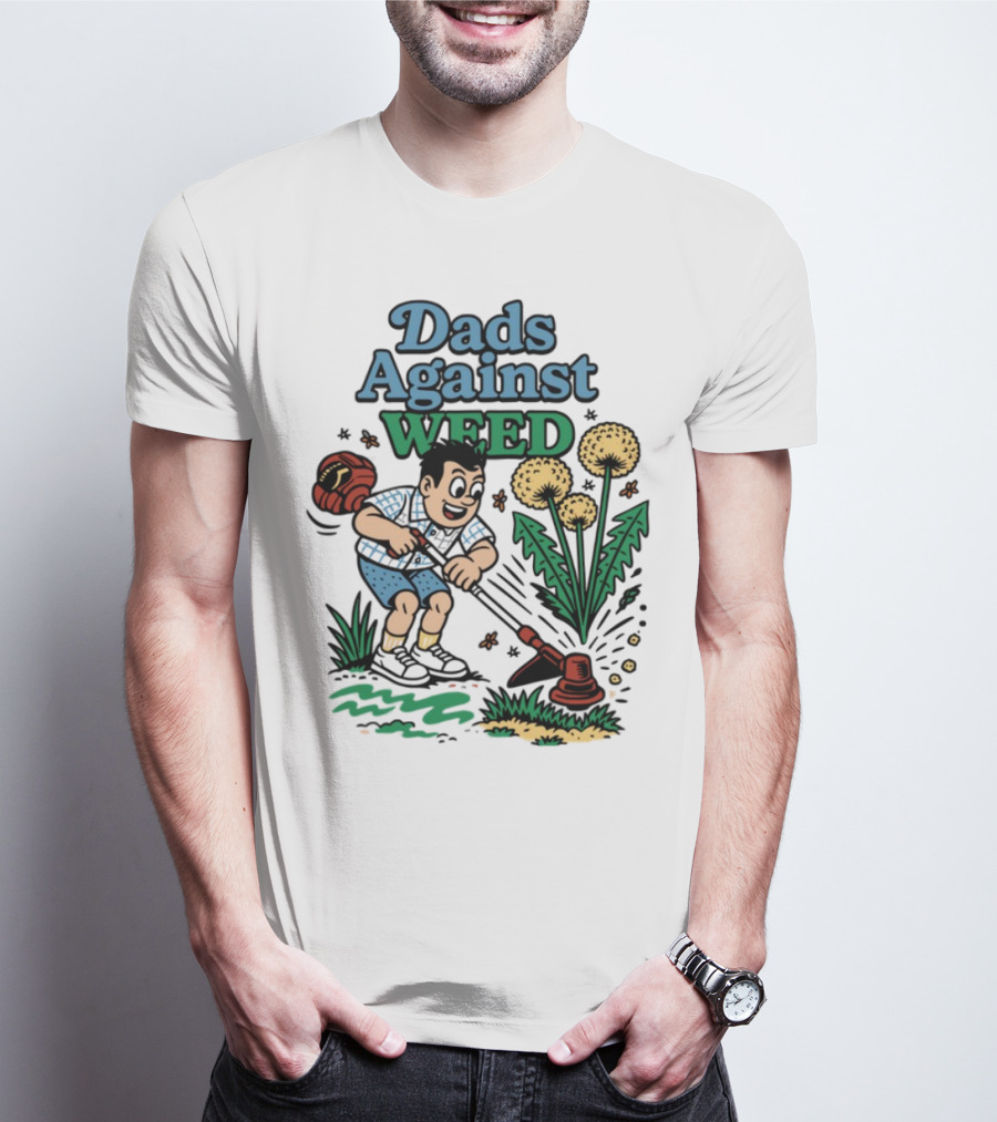 Dads Against Weed Cartoon Boy And Dandelions Gardening Style T-Shirt