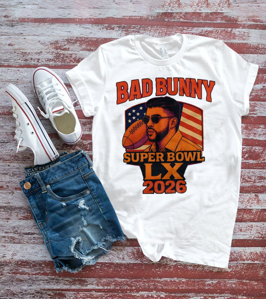 Bad Bunny Super Bowl LX 2026 American Flag Football Graphic T-Shirt