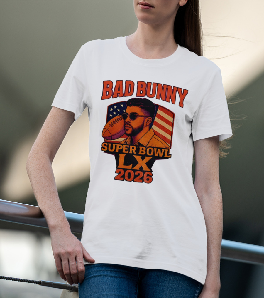 Bad Bunny Super Bowl LX 2026 American Flag Football Graphic T-Shirt