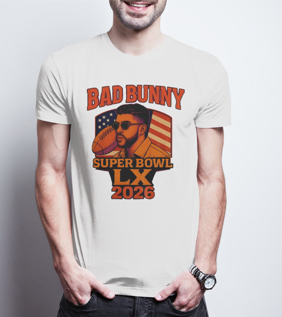 Bad Bunny Super Bowl LX 2026 American Flag Football Graphic T-Shirt