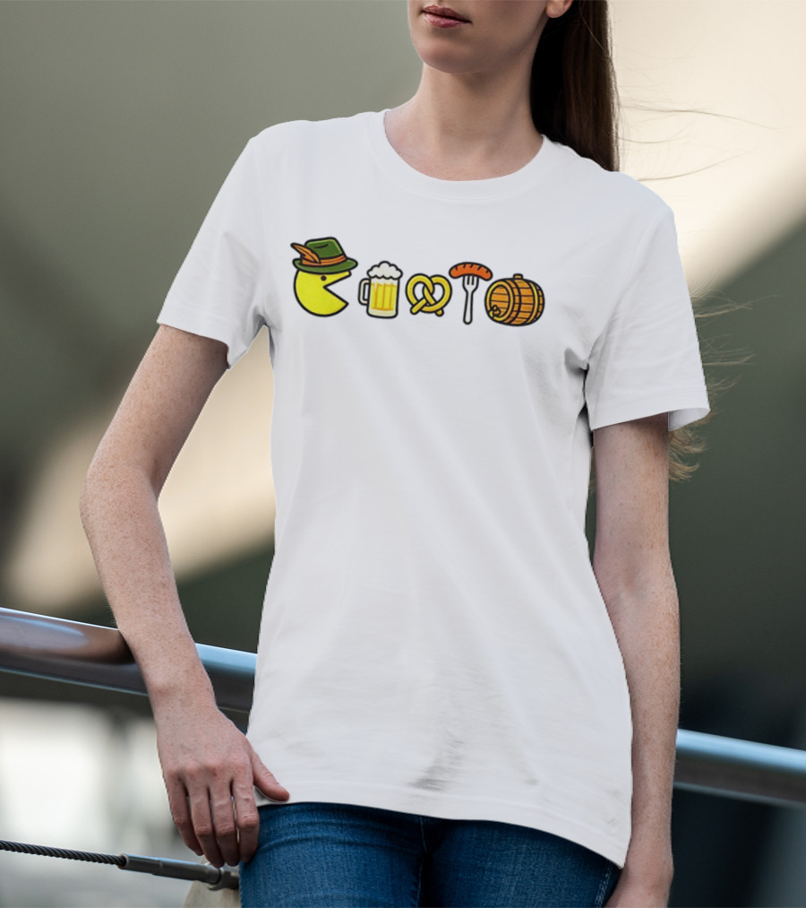 Pac-Man Oktoberfest Beer Pretzel Sausage Barrel Icons T-Shirt