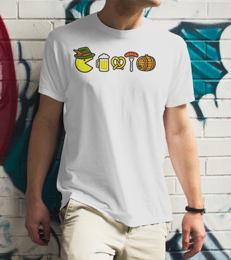 Pac-Man Oktoberfest Beer Pretzel Sausage Barrel Icons T-Shirt