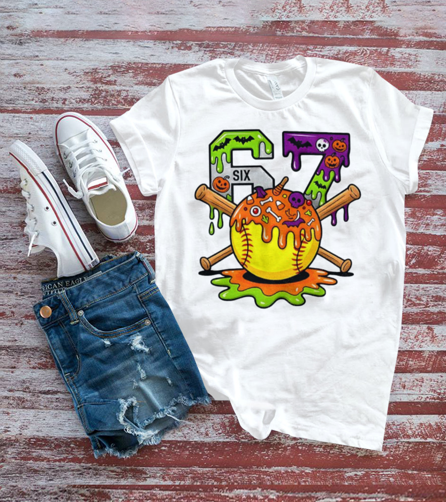 Halloween Softball 67 Six Seven Dripping Bats Pumpkins Bones Skull T-Shirt