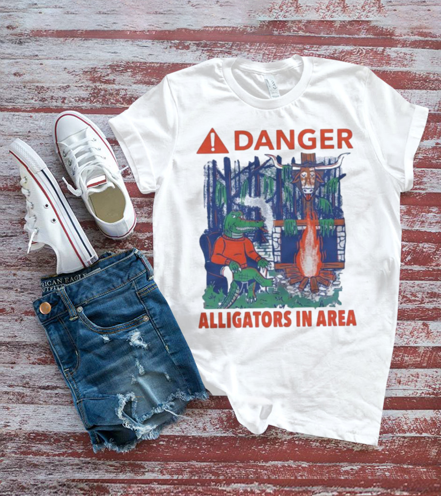 Danger Alligators In Area Florida Gators Texas Longhorns Campfire Warning T-Shirt