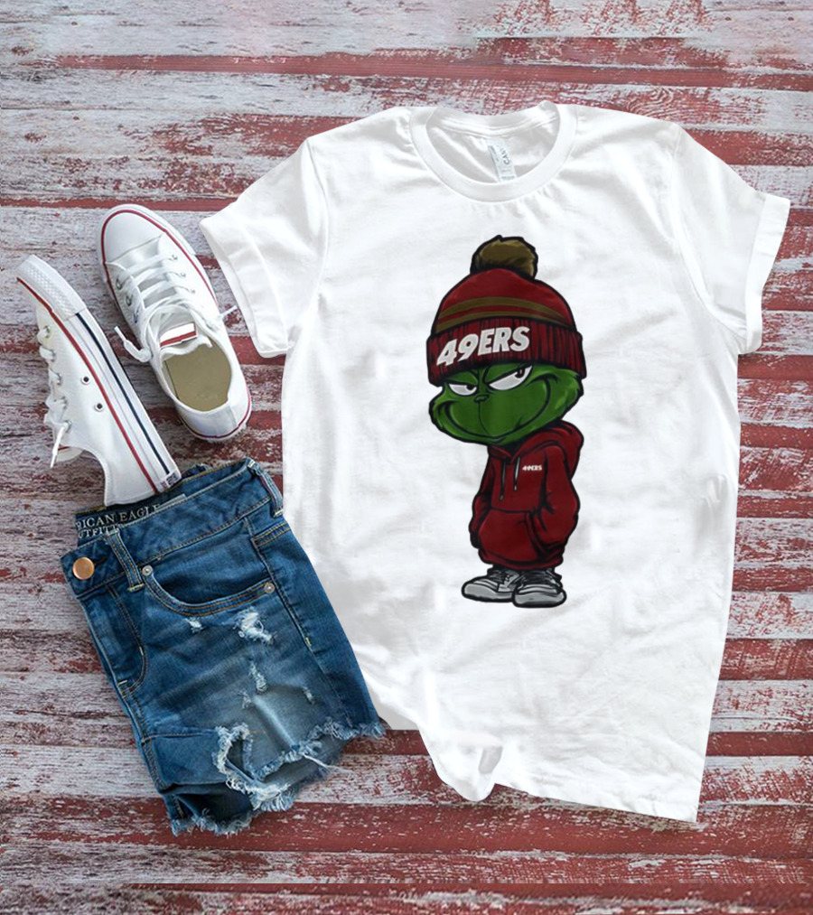Grinch Wearing 49ers Beanie And San Francisco Football Crossover T-Shirt