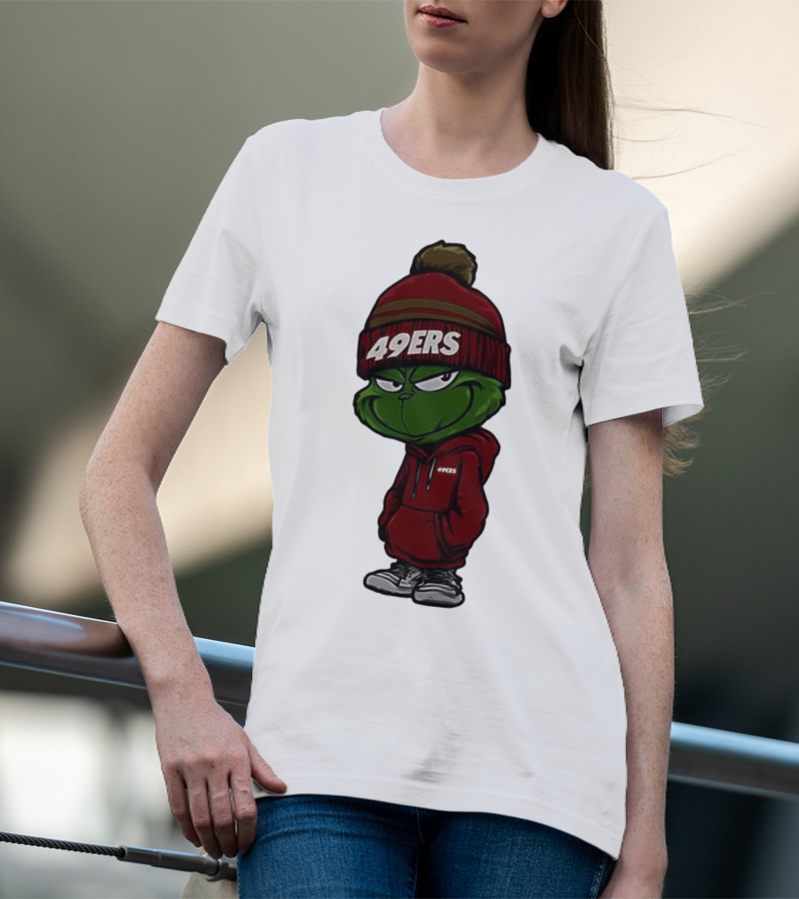 Grinch Wearing 49ers Beanie And San Francisco Football Crossover T-Shirt