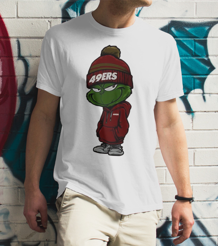 Grinch Wearing 49ers Beanie And San Francisco Football Crossover T-Shirt