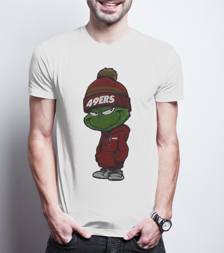 Grinch Wearing 49ers Beanie And San Francisco Football Crossover T-Shirt