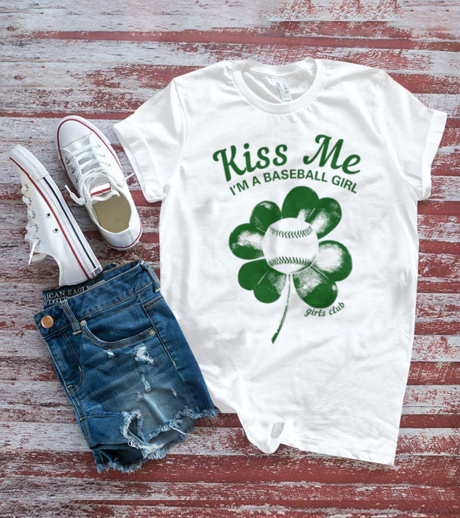 Kiss Me I'm A Baseball Girl Four Leaf Clover Stitch Lines T-Shirt