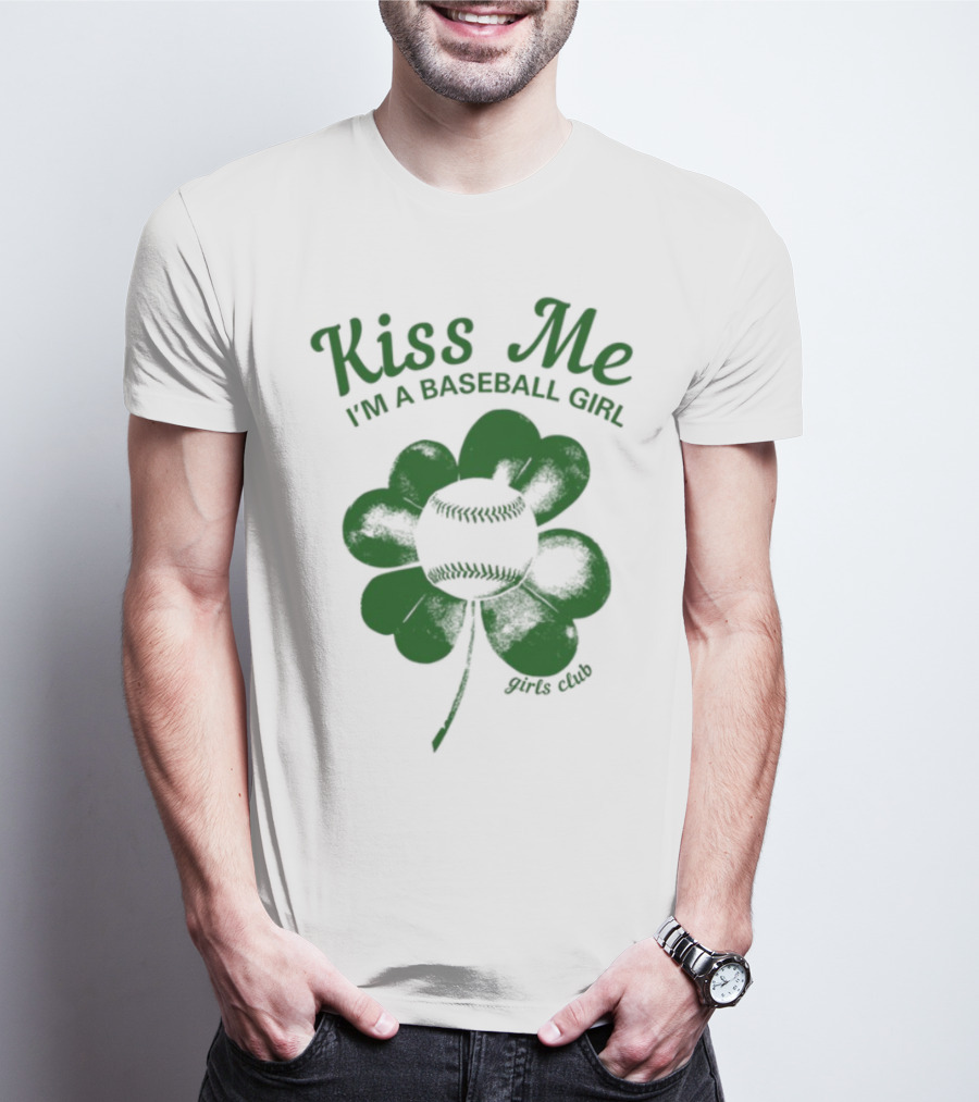 Kiss Me I'm A Baseball Girl Four Leaf Clover Stitch Lines T-Shirt