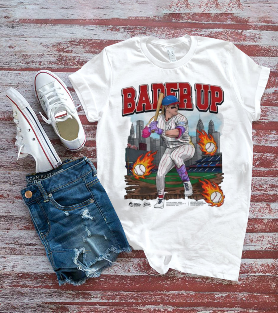 Bader Up Baseball Player Philadelphia Skyline And Flaming Baseballs T-Shirt