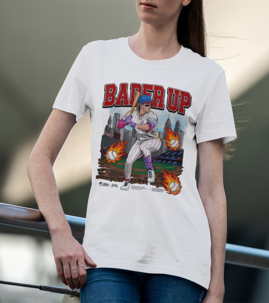 Bader Up Baseball Player Philadelphia Skyline And Flaming Baseballs T-Shirt