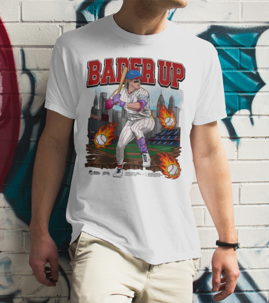 Bader Up Baseball Player Philadelphia Skyline And Flaming Baseballs T-Shirt