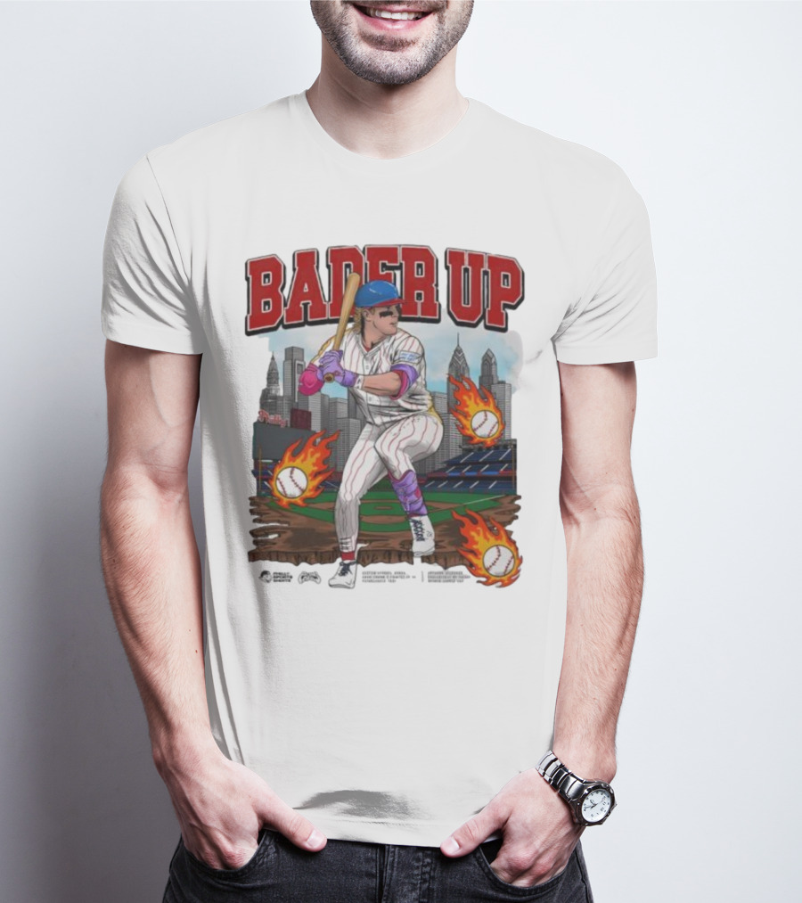 Bader Up Baseball Player Philadelphia Skyline And Flaming Baseballs T-Shirt