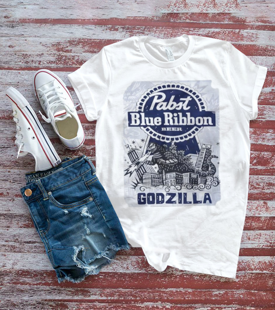 Pabst Blue Ribbon Beer Godzilla Monster Rampage Retro T-Shirt