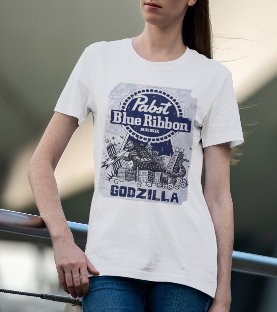 Pabst Blue Ribbon Beer Godzilla Monster Rampage Retro T-Shirt